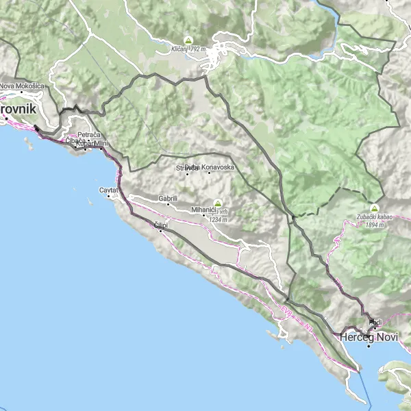 Map miniature of "Dubrovnik Highlights" cycling inspiration in Jadranska Hrvatska, Croatia. Generated by Tarmacs.app cycling route planner