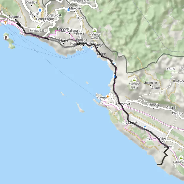 Map miniature of "Coastal Paradise" cycling inspiration in Jadranska Hrvatska, Croatia. Generated by Tarmacs.app cycling route planner