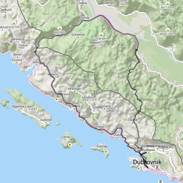 Map miniature of "Dubrovnik Coastal Loop" cycling inspiration in Jadranska Hrvatska, Croatia. Generated by Tarmacs.app cycling route planner