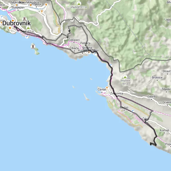 Map miniature of "Dubrovnik Hinterland Loop" cycling inspiration in Jadranska Hrvatska, Croatia. Generated by Tarmacs.app cycling route planner