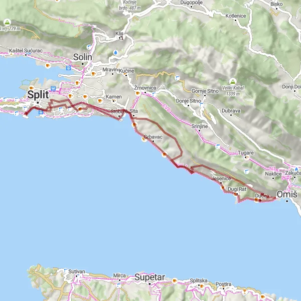 Map miniature of "Duće Gravel Route" cycling inspiration in Jadranska Hrvatska, Croatia. Generated by Tarmacs.app cycling route planner