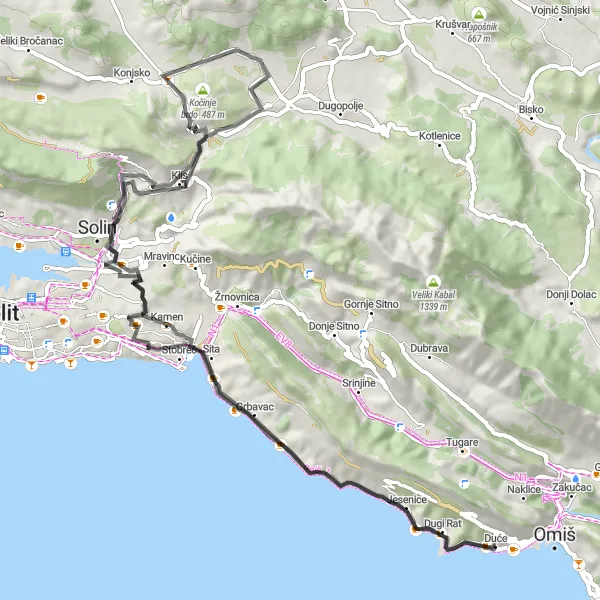 Map miniature of "Duće Countryside Loop" cycling inspiration in Jadranska Hrvatska, Croatia. Generated by Tarmacs.app cycling route planner