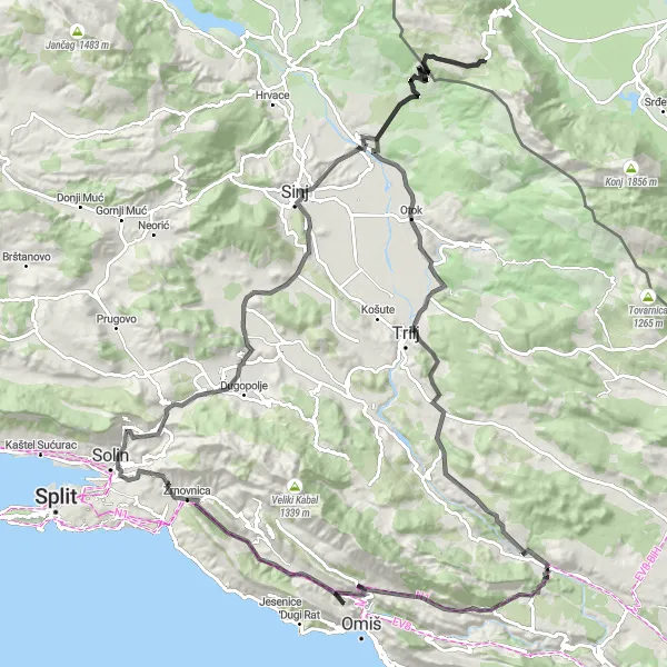 Map miniature of "Duće Scenic Journey" cycling inspiration in Jadranska Hrvatska, Croatia. Generated by Tarmacs.app cycling route planner