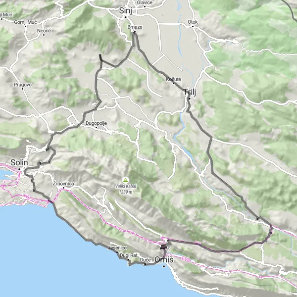 Map miniature of "Kila and Klis Fortress Route" cycling inspiration in Jadranska Hrvatska, Croatia. Generated by Tarmacs.app cycling route planner