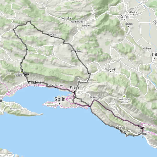 Map miniature of "Duće Road Adventure" cycling inspiration in Jadranska Hrvatska, Croatia. Generated by Tarmacs.app cycling route planner