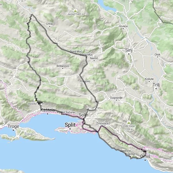 Map miniature of "Kila and Kaštela Route" cycling inspiration in Jadranska Hrvatska, Croatia. Generated by Tarmacs.app cycling route planner