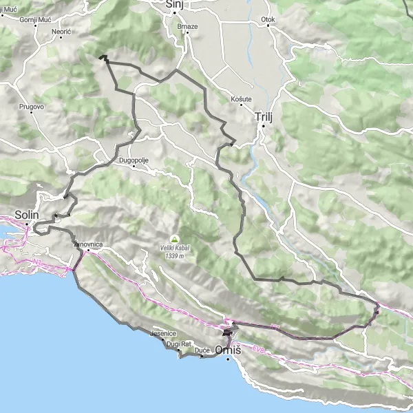 Map miniature of "Scenic Loop to Bisko" cycling inspiration in Jadranska Hrvatska, Croatia. Generated by Tarmacs.app cycling route planner