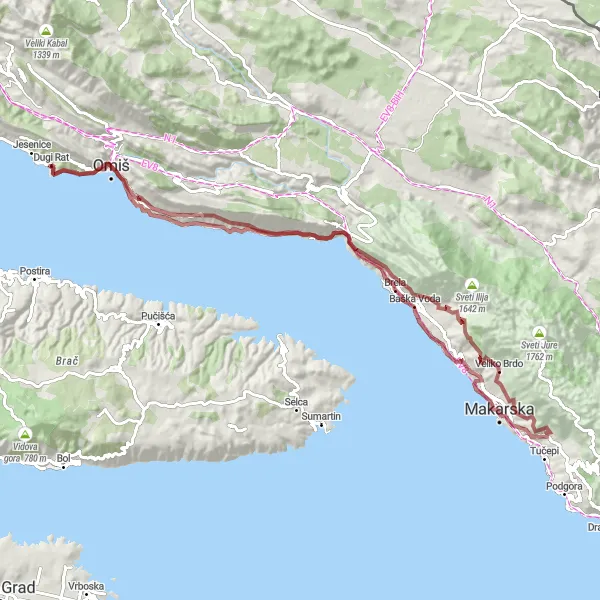 Map miniature of "Gravel Adventure through Dugi Rat" cycling inspiration in Jadranska Hrvatska, Croatia. Generated by Tarmacs.app cycling route planner