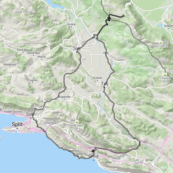 Map miniature of "The Legendary Circuit of Dugi Rat" cycling inspiration in Jadranska Hrvatska, Croatia. Generated by Tarmacs.app cycling route planner
