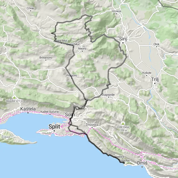 Map miniature of "Dugi Rat Challenging Road Cycling Route" cycling inspiration in Jadranska Hrvatska, Croatia. Generated by Tarmacs.app cycling route planner