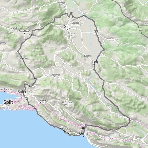 Map miniature of "Dugi Rat to Kočinje brdo" cycling inspiration in Jadranska Hrvatska, Croatia. Generated by Tarmacs.app cycling route planner