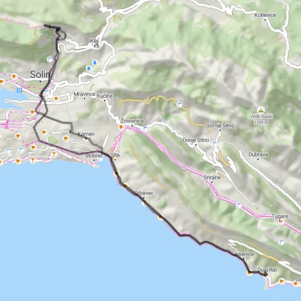 Map miniature of "Dugi Rat to Šuplja crkva" cycling inspiration in Jadranska Hrvatska, Croatia. Generated by Tarmacs.app cycling route planner