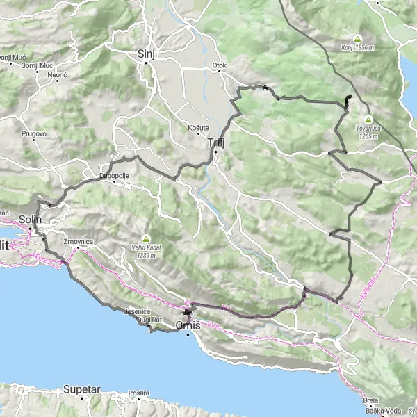 Map miniature of "Dugi Rat to Trilj" cycling inspiration in Jadranska Hrvatska, Croatia. Generated by Tarmacs.app cycling route planner