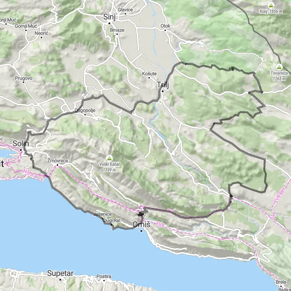 Map miniature of "Dugi Rat to Kila" cycling inspiration in Jadranska Hrvatska, Croatia. Generated by Tarmacs.app cycling route planner