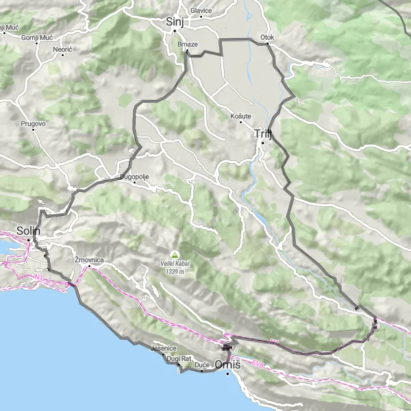 Map miniature of "Dugi Rat to Klis Fortress" cycling inspiration in Jadranska Hrvatska, Croatia. Generated by Tarmacs.app cycling route planner