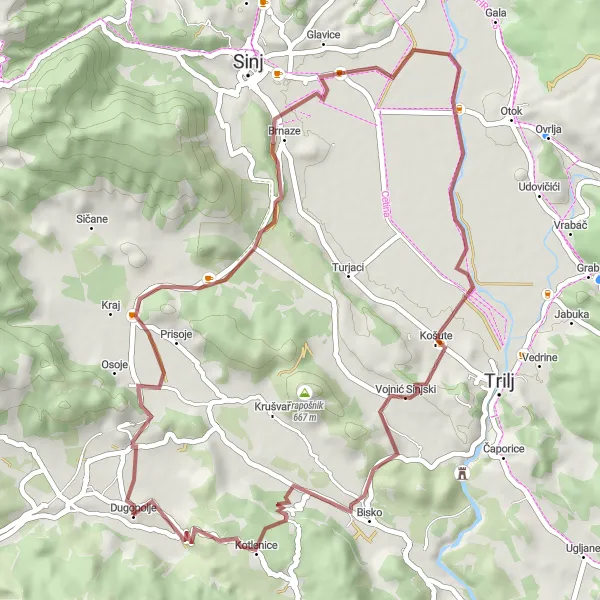 Map miniature of "Through the Wildlands" cycling inspiration in Jadranska Hrvatska, Croatia. Generated by Tarmacs.app cycling route planner