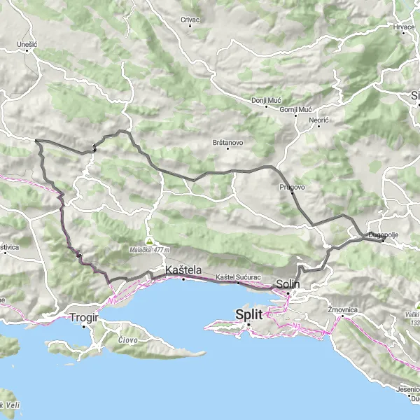 Map miniature of "Coastal and Mountain Escapade" cycling inspiration in Jadranska Hrvatska, Croatia. Generated by Tarmacs.app cycling route planner