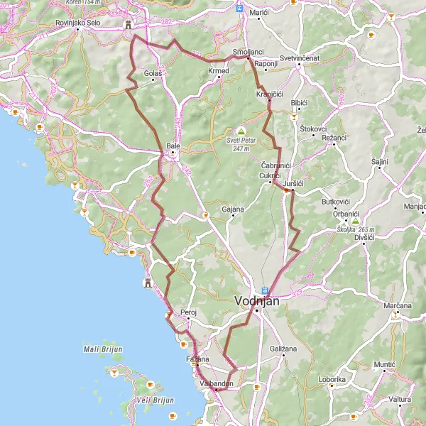 Map miniature of "Fažana to Vodnjan Gravel Route" cycling inspiration in Jadranska Hrvatska, Croatia. Generated by Tarmacs.app cycling route planner