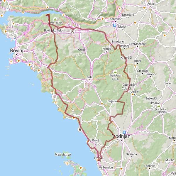 Map miniature of "The Coastal Gravel Route" cycling inspiration in Jadranska Hrvatska, Croatia. Generated by Tarmacs.app cycling route planner