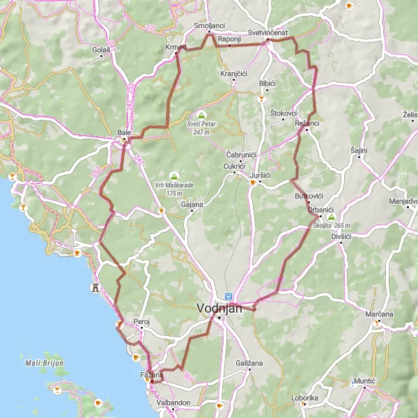 Map miniature of "Peroj to Vodnjan Gravel Route" cycling inspiration in Jadranska Hrvatska, Croatia. Generated by Tarmacs.app cycling route planner