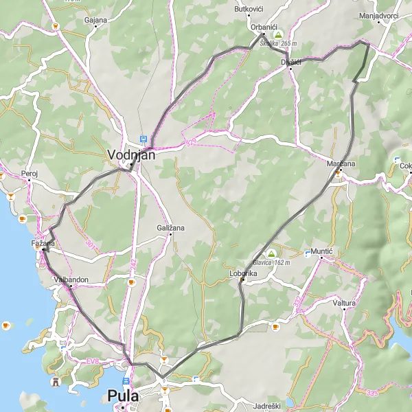 Map miniature of "Vodnjan Loop Road Route" cycling inspiration in Jadranska Hrvatska, Croatia. Generated by Tarmacs.app cycling route planner
