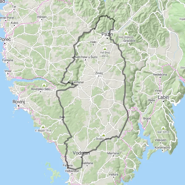 Map miniature of "The Istrian Hill Route" cycling inspiration in Jadranska Hrvatska, Croatia. Generated by Tarmacs.app cycling route planner
