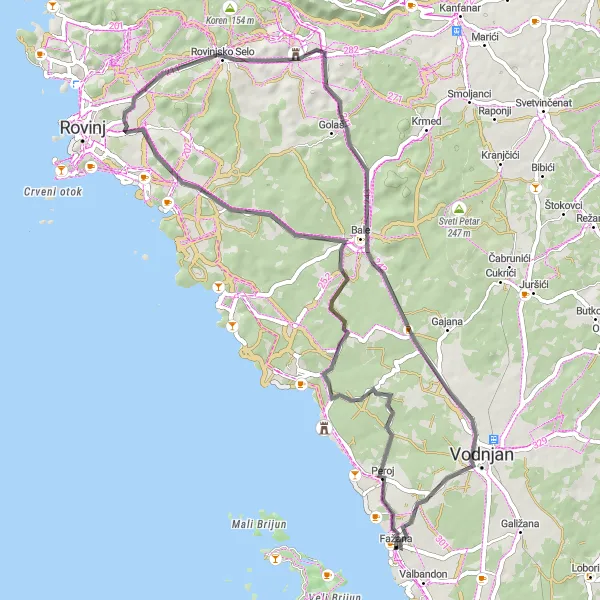 Map miniature of "Peroj to Vodnjan Road Route" cycling inspiration in Jadranska Hrvatska, Croatia. Generated by Tarmacs.app cycling route planner