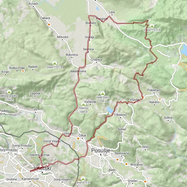 Map miniature of "Exploring Glavina Gornja and Oštar" cycling inspiration in Jadranska Hrvatska, Croatia. Generated by Tarmacs.app cycling route planner