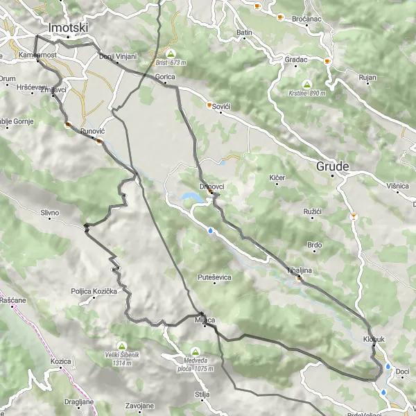 Map miniature of "Journey through Klobuk and Lucina gomila" cycling inspiration in Jadranska Hrvatska, Croatia. Generated by Tarmacs.app cycling route planner