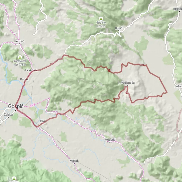 Map miniature of "Lički Osik Gravel Loop" cycling inspiration in Jadranska Hrvatska, Croatia. Generated by Tarmacs.app cycling route planner