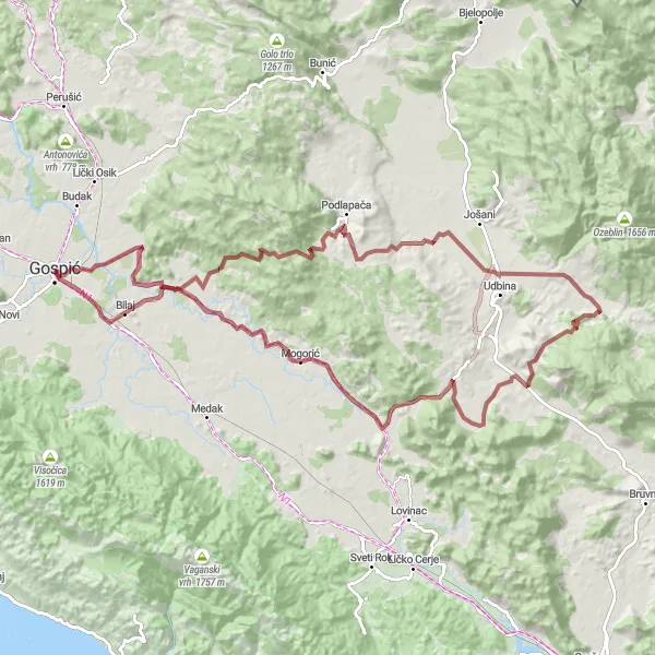 Map miniature of "Gospić Gravel Adventure" cycling inspiration in Jadranska Hrvatska, Croatia. Generated by Tarmacs.app cycling route planner