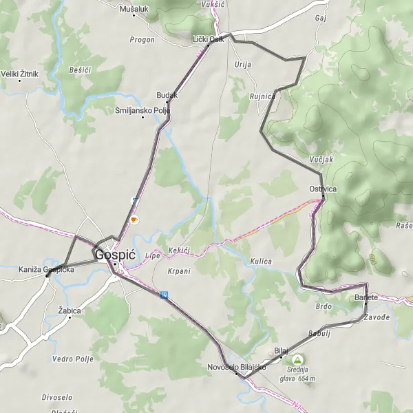 Map miniature of "Novi Lički Osik Easy Ride" cycling inspiration in Jadranska Hrvatska, Croatia. Generated by Tarmacs.app cycling route planner