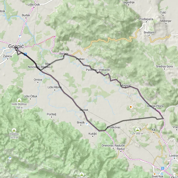 Map miniature of "Gospić Four Summits Loop" cycling inspiration in Jadranska Hrvatska, Croatia. Generated by Tarmacs.app cycling route planner