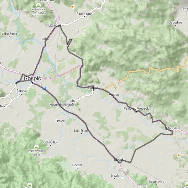 Map miniature of "Lika Countryside Ride" cycling inspiration in Jadranska Hrvatska, Croatia. Generated by Tarmacs.app cycling route planner