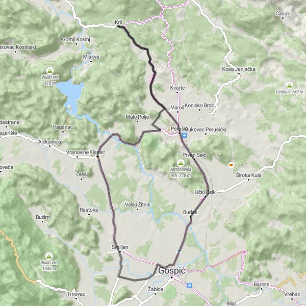 Map miniature of "Gospić Scenic Loop" cycling inspiration in Jadranska Hrvatska, Croatia. Generated by Tarmacs.app cycling route planner