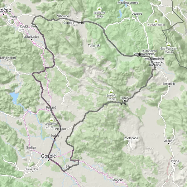 Map miniature of "Southern Lika Climbs" cycling inspiration in Jadranska Hrvatska, Croatia. Generated by Tarmacs.app cycling route planner