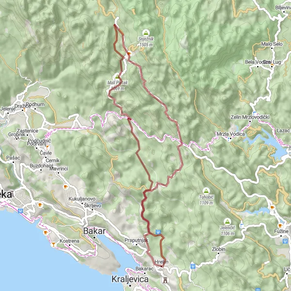 Map miniature of "Discover Hreljin's Gravel Paradise" cycling inspiration in Jadranska Hrvatska, Croatia. Generated by Tarmacs.app cycling route planner