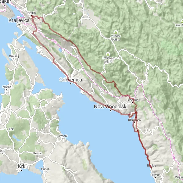 Map miniature of "Hreljin Round-Trip Gravel Cycling Route" cycling inspiration in Jadranska Hrvatska, Croatia. Generated by Tarmacs.app cycling route planner