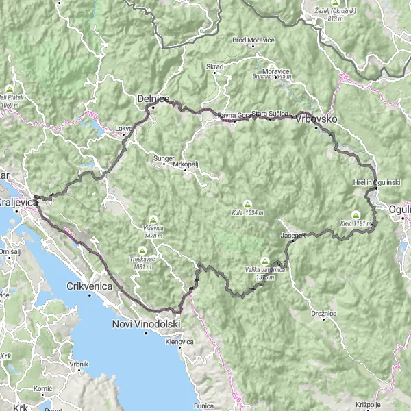 Map miniature of "Hreljin Round-Trip Road Cycling Route 4" cycling inspiration in Jadranska Hrvatska, Croatia. Generated by Tarmacs.app cycling route planner