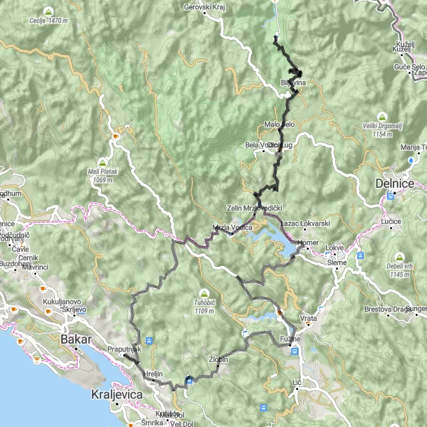 Map miniature of "Hreljin Round-Trip Road Cycling Route 3" cycling inspiration in Jadranska Hrvatska, Croatia. Generated by Tarmacs.app cycling route planner