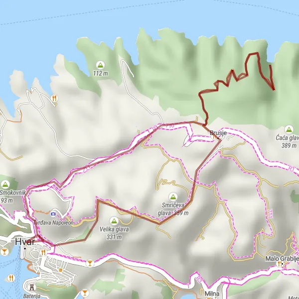 Map miniature of "Short and Scenic" cycling inspiration in Jadranska Hrvatska, Croatia. Generated by Tarmacs.app cycling route planner