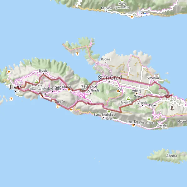 Map miniature of "Hvar Gravel Adventure" cycling inspiration in Jadranska Hrvatska, Croatia. Generated by Tarmacs.app cycling route planner