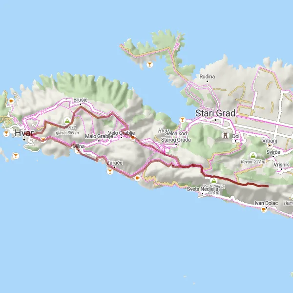 Map miniature of "Hills and Valleys" cycling inspiration in Jadranska Hrvatska, Croatia. Generated by Tarmacs.app cycling route planner