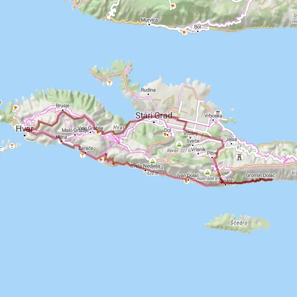 Map miniature of "Hvar Gravel Challenge" cycling inspiration in Jadranska Hrvatska, Croatia. Generated by Tarmacs.app cycling route planner