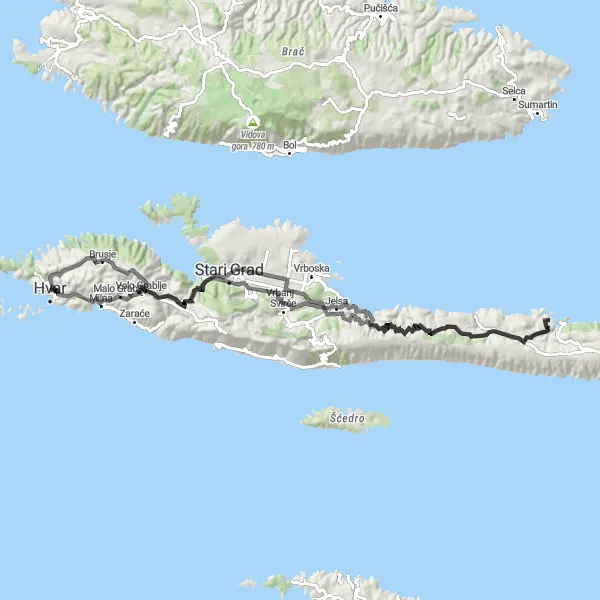 Map miniature of "Hvar Highlights" cycling inspiration in Jadranska Hrvatska, Croatia. Generated by Tarmacs.app cycling route planner