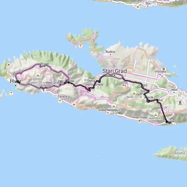 Map miniature of "Hvar Loop" cycling inspiration in Jadranska Hrvatska, Croatia. Generated by Tarmacs.app cycling route planner