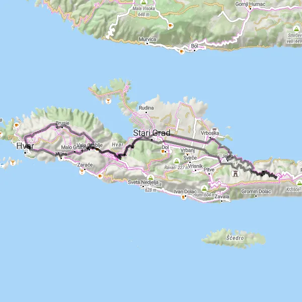 Map miniature of "Hvar Road Escape" cycling inspiration in Jadranska Hrvatska, Croatia. Generated by Tarmacs.app cycling route planner