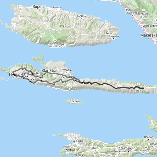 Map miniature of "Hvar Road Challenge" cycling inspiration in Jadranska Hrvatska, Croatia. Generated by Tarmacs.app cycling route planner