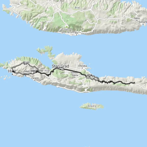 Map miniature of "Cycling Adventure in Hvar Island" cycling inspiration in Jadranska Hrvatska, Croatia. Generated by Tarmacs.app cycling route planner