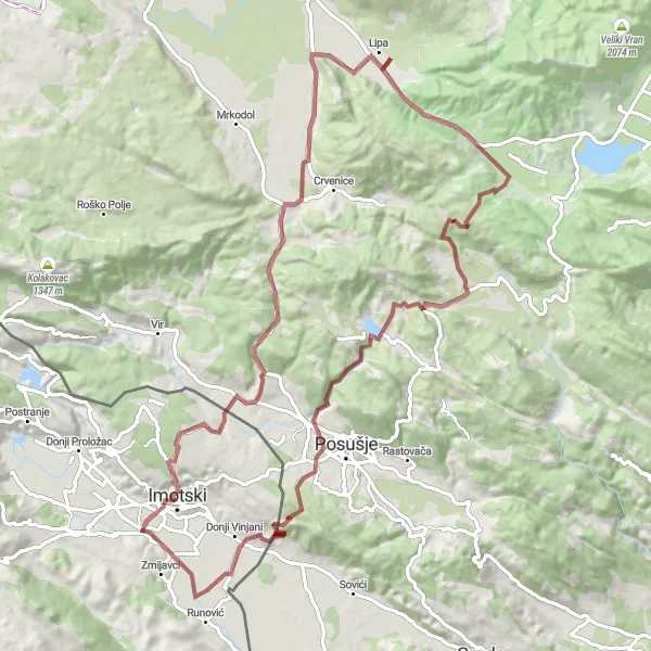 Map miniature of "Imotski Gravel Adventure" cycling inspiration in Jadranska Hrvatska, Croatia. Generated by Tarmacs.app cycling route planner